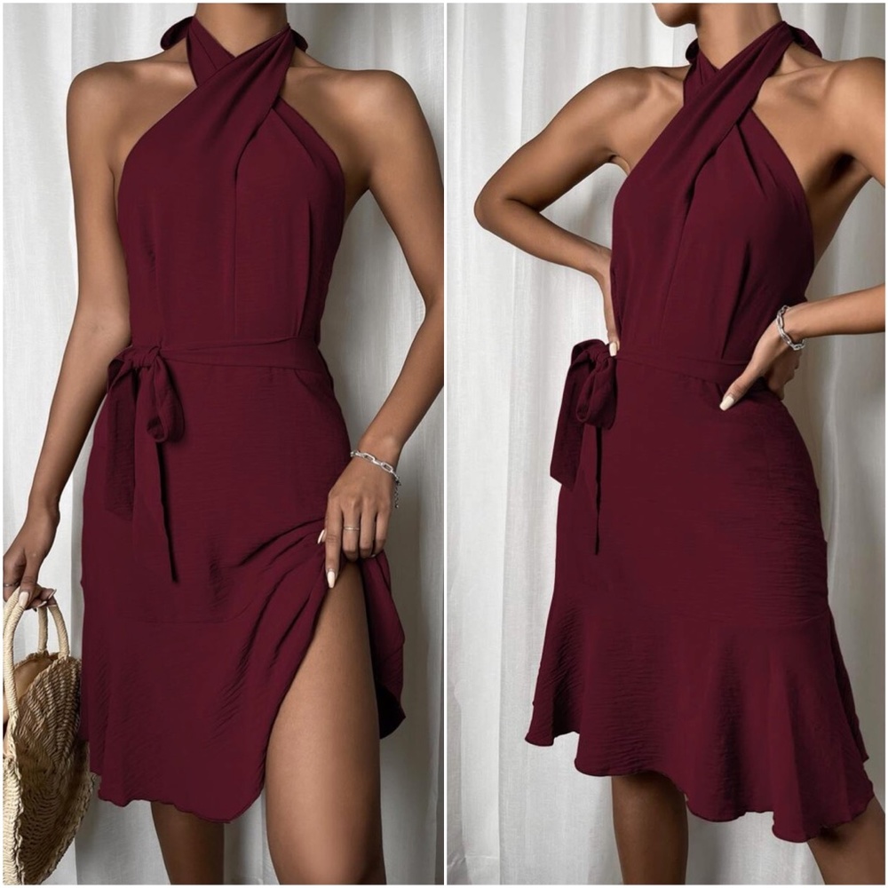 Mocha Brown Twist Halter Ruffle Midi Dress Belted - Picture 10 of 10